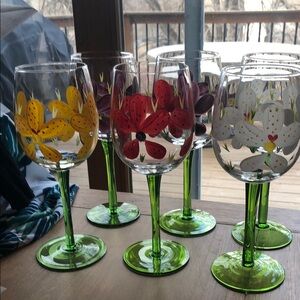 Colorful Floral Wine Glass Set with Green Stems.